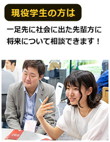 現役学生の方は一足先に社会に出た先輩方に将来について相談できます!